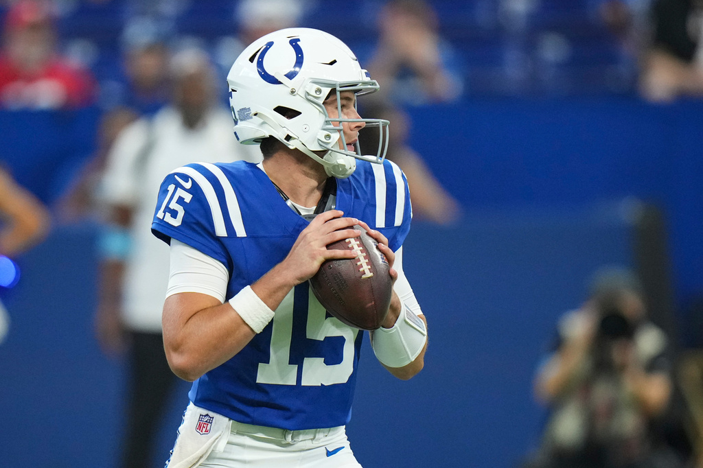 Indianapolis Colts quarterback Riley Leonard (15) throws during the first half of an NFL football game against the Atlanta Falcons in Indianapolis, Saturday, Aug. 22, 2026. (AP Photo/AJ Mast)