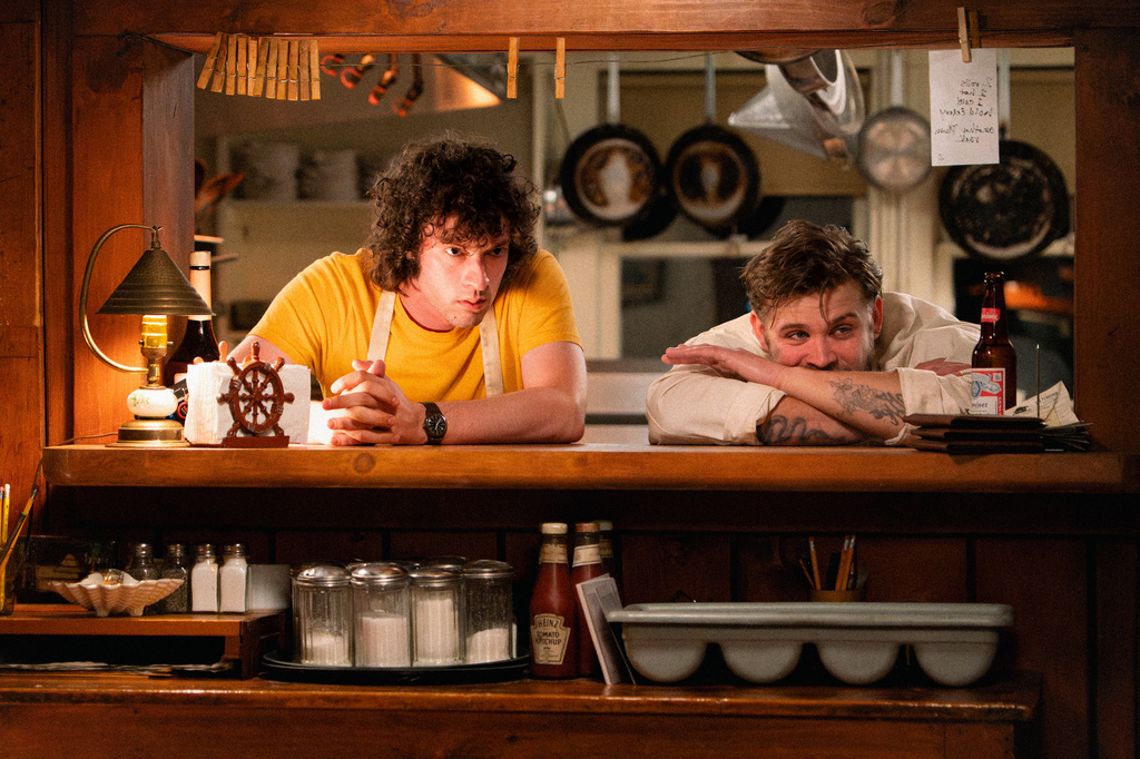 This image released by A24 shows Dominic Sessa, left, and Leo Woodhall in a scene from "Tony." (A24 via AP)