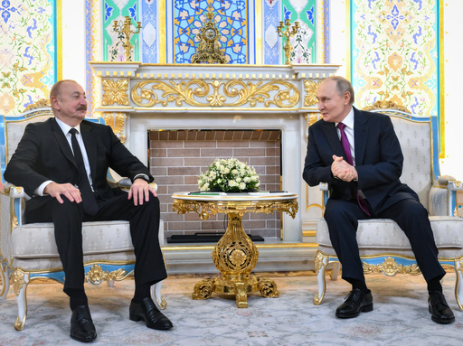 Russian President Vladimir Putin, right, and Azerbaijan's President Ilham Aliyev talk during their meeting on the sidelines of the Russia-Central Asia summit in Dushanbe, Tajikistan, on Thursday, Oct. 9, 2025. (Grigory Sysoyev, Sputnik, Kremlin Pool Photo via AP) Russian President Vladimir Putin, right, and Azerbaijan's President Ilham Aliyev talk during their meeting on the sidelines of the Russia-Central Asia summit in Dushanbe, Tajikistan, on Thursday, Oct. 9, 2025. (Grigory Sysoyev, Sputnik, Kremlin Pool Photo via AP)