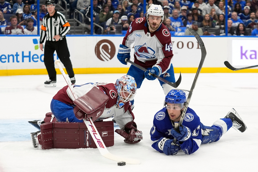 Colorado Avalanche goaltender Scott Wedgewood (41) pushes the puck away from Tampa Bay Lightning center Dominic James (17) after a save during the second period of an NHL hockey game Tuesday, Jan. 6, 2026, in Tampa, Fla. (AP Photo/Chris O'Meara)