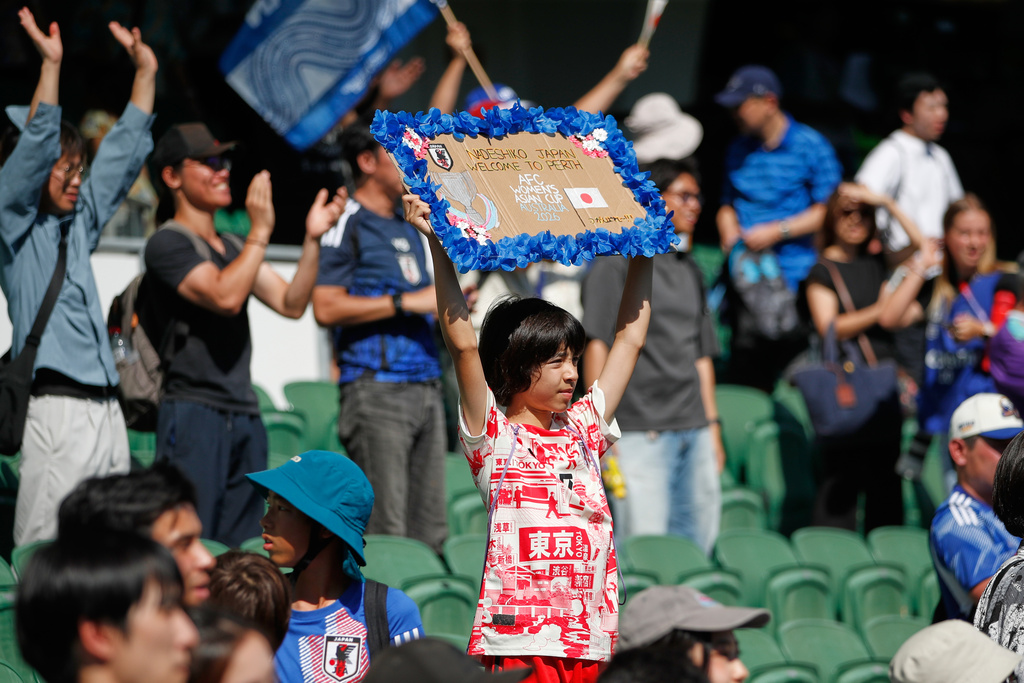 Japan fans react during the Women's Asia Cup soccer match between Japan and Taiwan in Perth, Wednesday, March 4, 2026. (AP Photo/Gary Day)