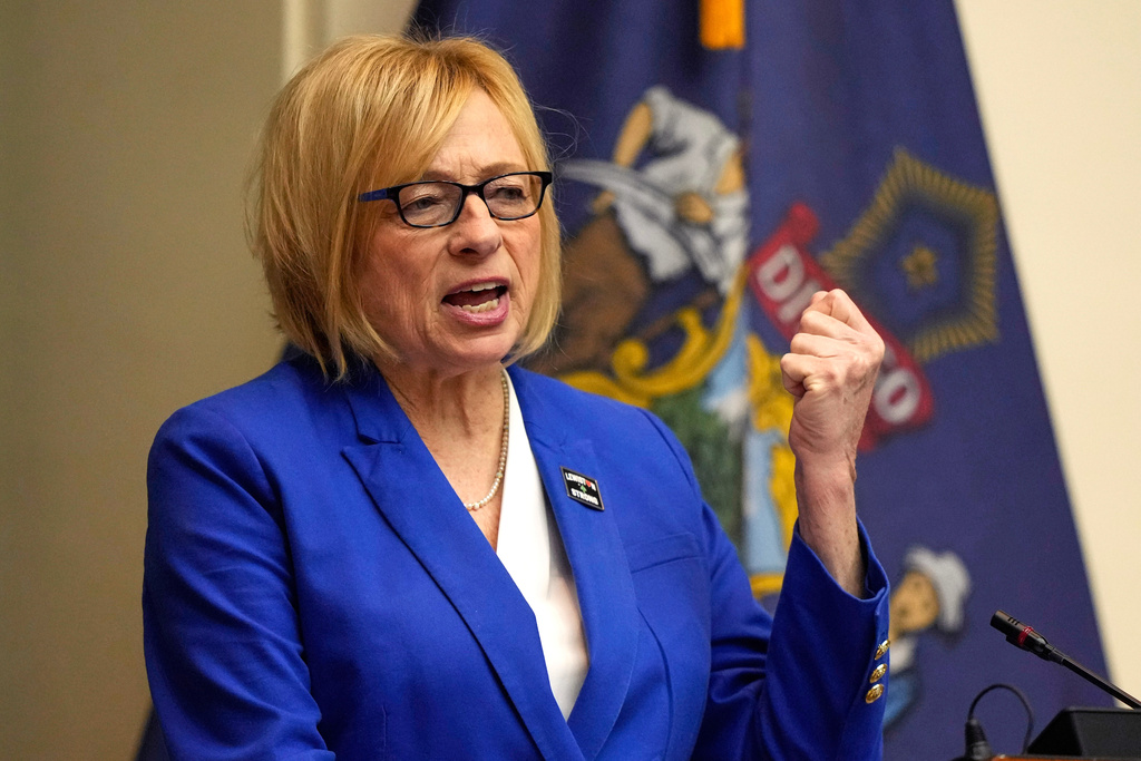 FILE - Democratic Gov. Janet Mills delivers her State of the State address, Jan. 30, 2024, at the State House in Augusta, Maine. (AP Photo/Robert F. Bukaty, File)