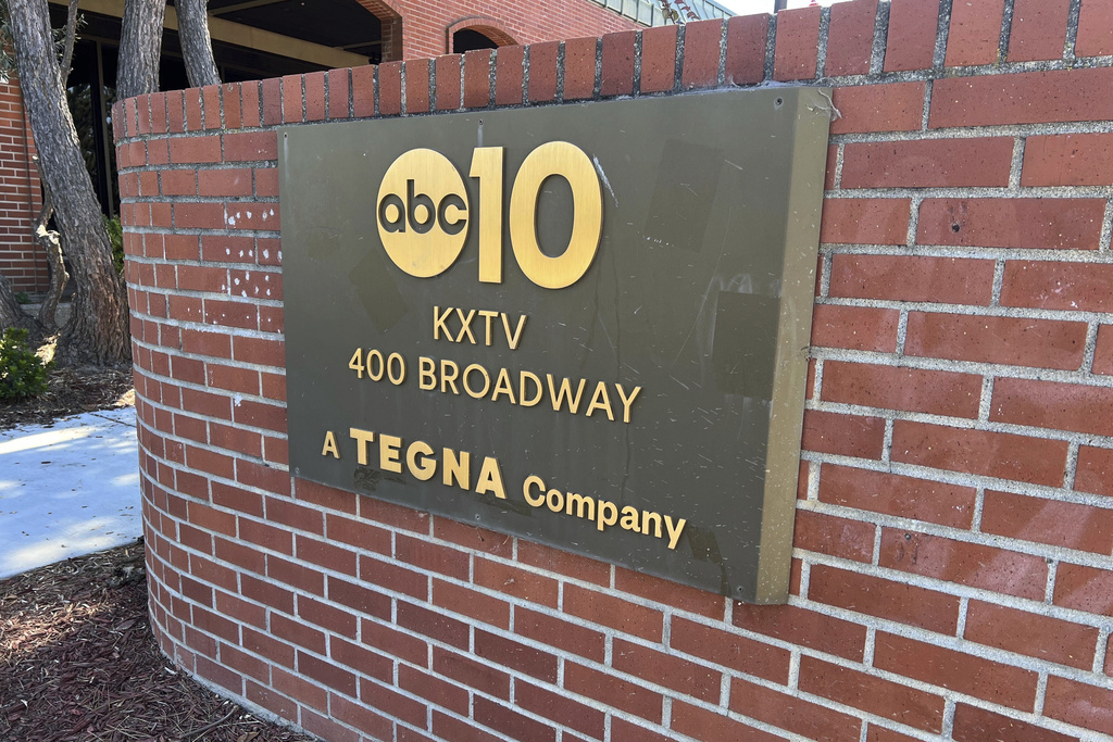 The exterior of the ABC10 building is shown in Sacramento, Calif., Monday, Sept. 22, 2025, days after someone fired shots at the building. (AP Photo/Sophie Austin)