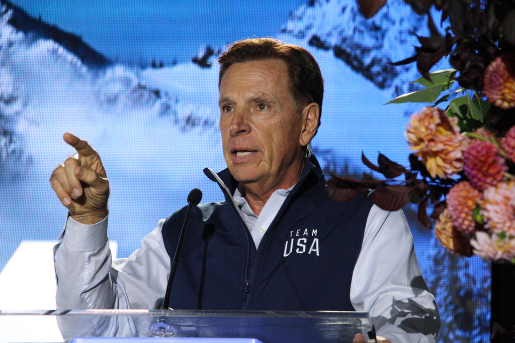 Fraser Bullock, President and Executive Chair of Utah's organizing committee for the 2034 Winter Olympics, speaks at a fundraising event in Salt Lake City, Monday, Sept. 8, 2025. (AP Photo/Hannah Schoenbaum)