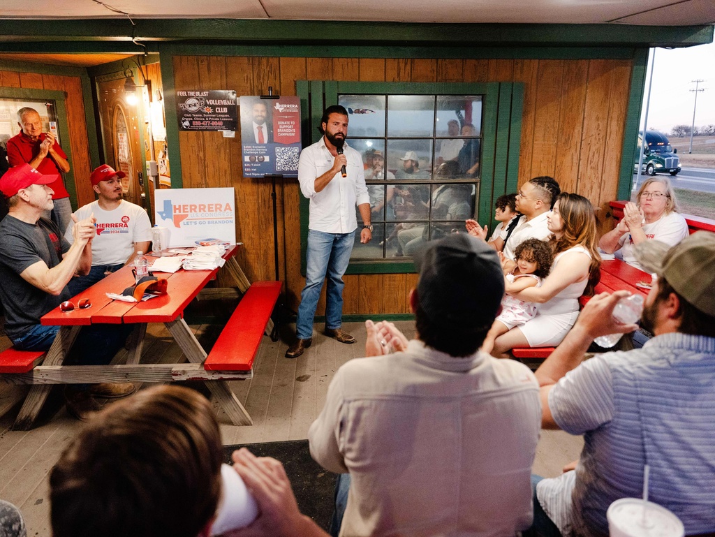 Brandon Herrera, a Republican congressional candidate for Texas' 23rd District, speaks during an event, Thursday, Feb. 26, 2026, in Somerset, Texas. (AP Photo/Brenda Bazán)