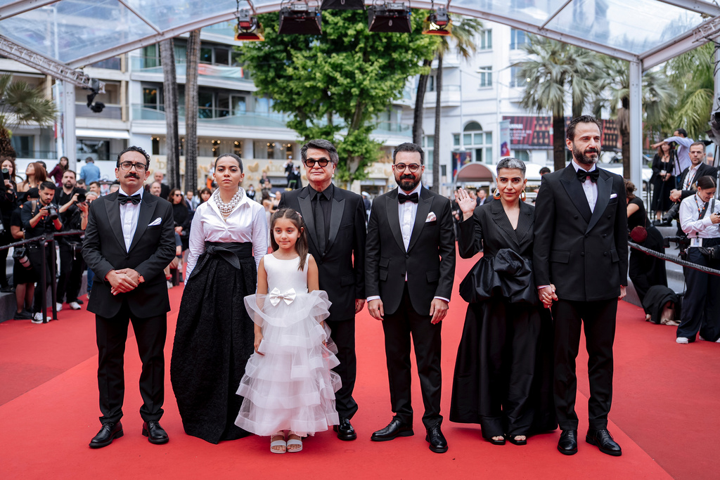 FILE - Vahid Mobseri, from left, Hadis Pakbaten, Delnaz Najafi, director Jafar Panahi, Majid Panahi, Mariam Afshari, and Ebrahim Azizi appear at the premiere of "It Was Just an Accident" at the 78th international film festival, in Cannes, southern France, on May 20, 2025. (Photo by Lewis Joly/Invision/AP, File)