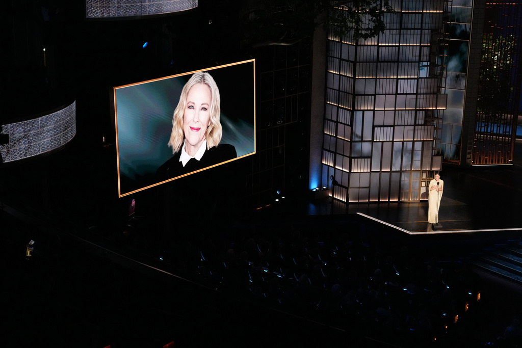 Rachel McAdams speaks about Catherine O'Hara during the In Memoriam segment during the Oscars on Sunday, March 15, 2026, at the Dolby Theatre in Los Angeles. (AP Photo/Chris Pizzello)