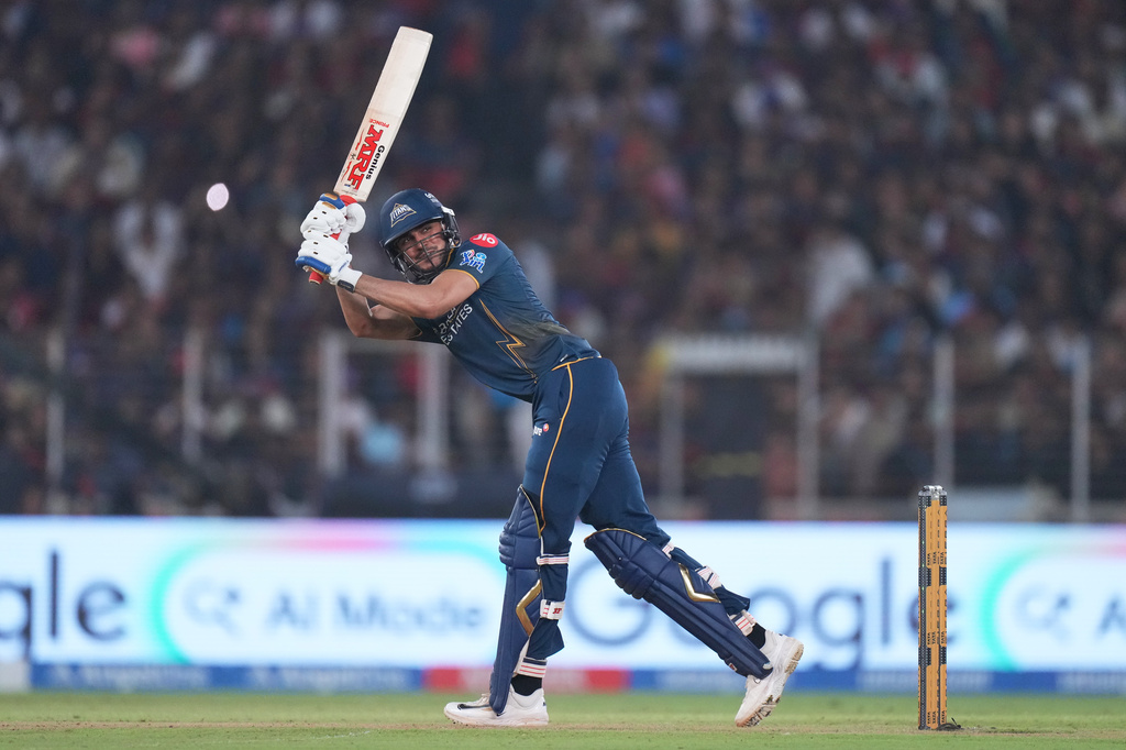 Gujarat Titans' captain Shubman Gill hits a six during the Indian Premier League cricket match between Gujarat Titans and Royal Challengers Bengaluru in Ahmedabad, India, Thursday, April 30, 2026. (AP Photo/Ajit Solanki)