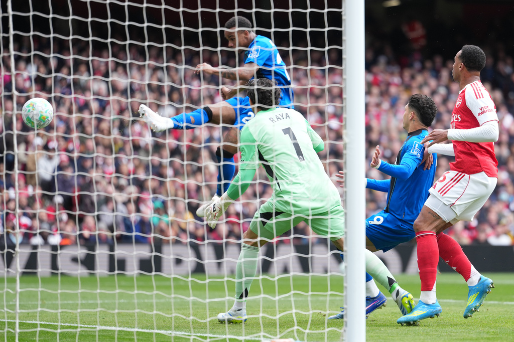Bournemouth's Eli Junior Kroupi scores during the Premier League soccer match between Arsenal and Bournemouth in London, England Saturday, April 11, 2026. (AP Photo/Dave Shopland)
