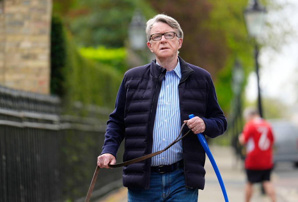 Peter Mandelson is seen outside his home in London, Friday, April 17, 2026. (Jordan Pettitt/PA via AP)
