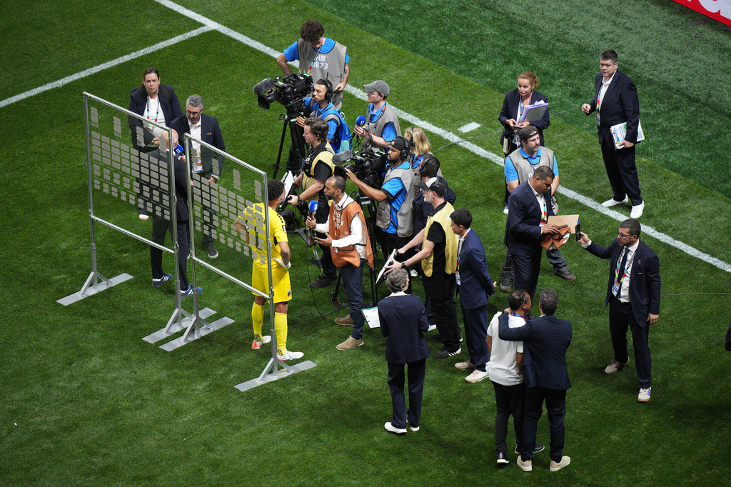 Cape Verde goalkeeper Vozinha (1) talks with the media after a tie during the World Cup Group H soccer match between Spain and Cape Verde in Atlanta, Monday, June 15, 2026. (AP Photo/Jacob Kupferman)