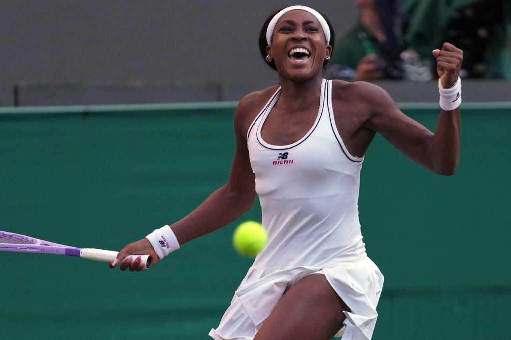 Coco Gauff of the United States celebrates winning the third round women's singles match against Claire Liu of the United States at the Wimbledon Tennis Championships in London, Friday, July 3, 2026.(AP Photo/Brian Inganga)