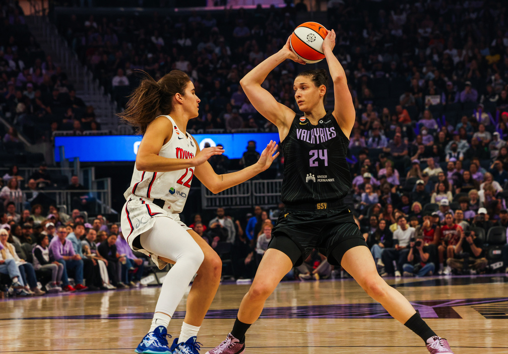 The Golden State Valkyries forward Cecilia Zandalasini (24) defends the ball against Washington Mystics guard Sonia Citron (22) during a WNBA basketball game in San Francisco on Saturday, July 18, 2026. (Yalonda M. James/San Francisco Chronicle via AP)