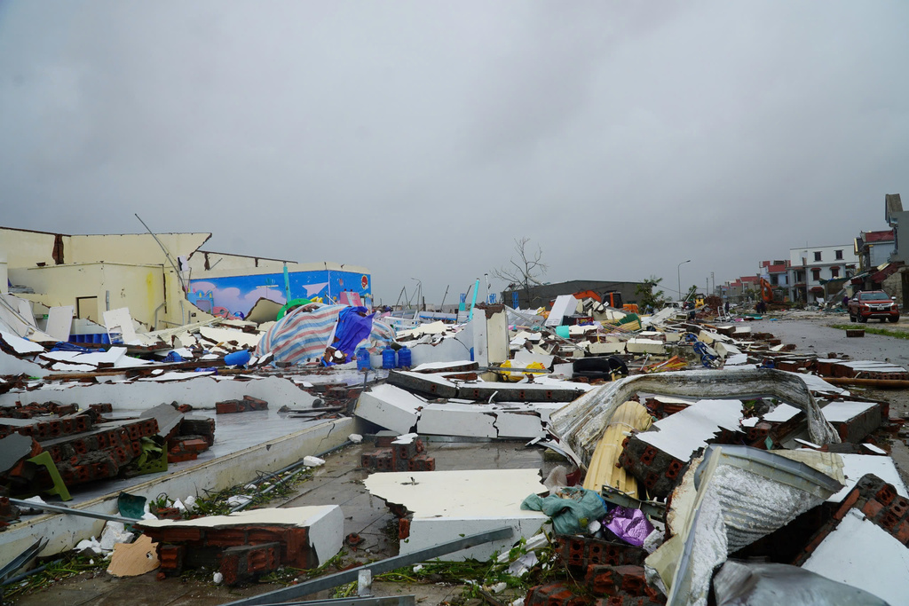 Buildings are seen collapsed to the ground after Typhoon Bualoi swept through Thanh Hoa, Vietnam, Monday, Sept. 29, 2025. (Viet Hoang/VNExpress via AP)