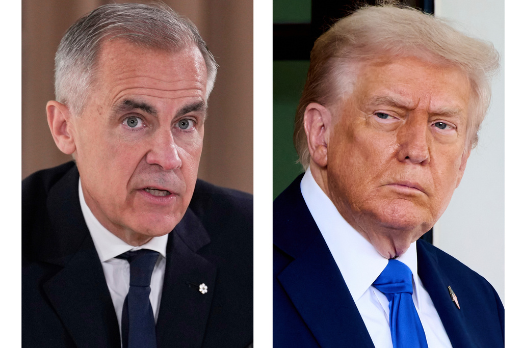 This combination of images shows Canada's Prime Minister Mark Carney on June 16, 2025, in Kananaskis, Canada, left, and President Donald Trump on Oct. 7, 2025, in Washington. (AP Photo/Mark Schiefelbein, left, Jacquelyn Martin)