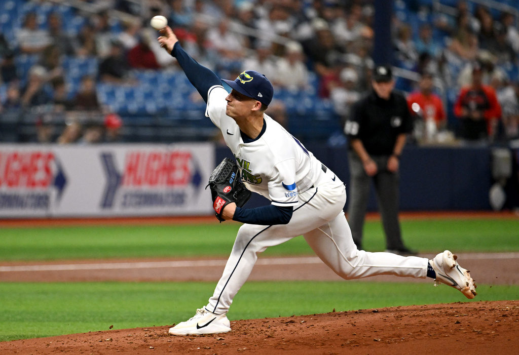 Tampa Bay Rays pitcher Griffin Jax throws during the first inning of a baseball game against the Washington Nationals Friday, June 19, 2026, in St. Petersburg, Fla. (AP Photo/Jason Behnken)