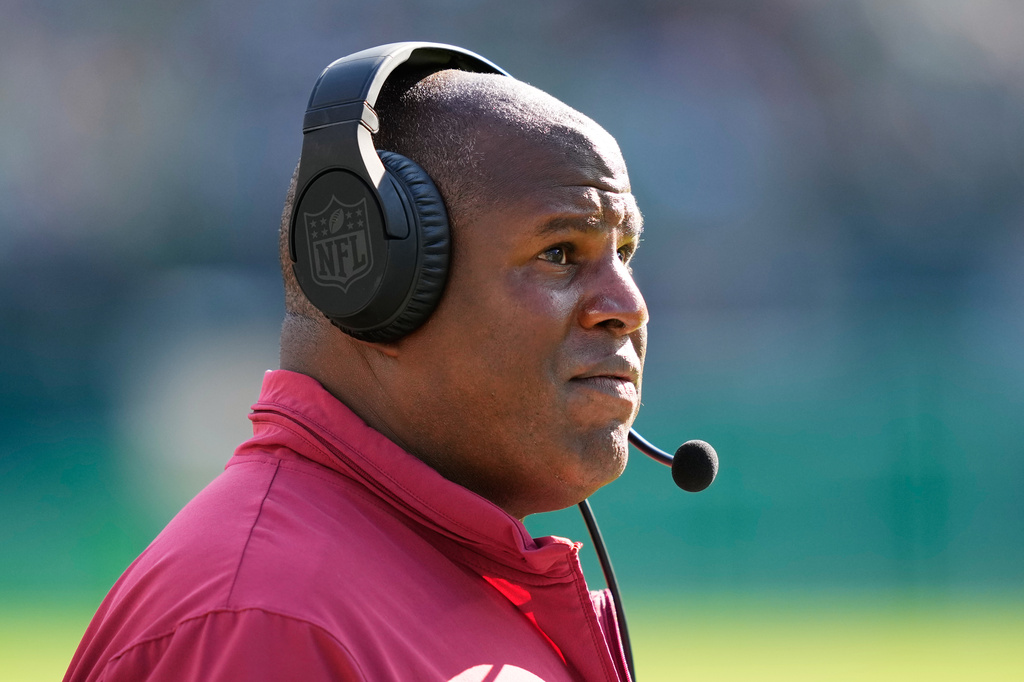 FILE - Washington Commanders offensive coordinator Eric Bieniemy watches from the sidelines during an NFL football game, Oct. 1, 2023, in Philadelphia. (AP Photo/Matt Rourke, File)