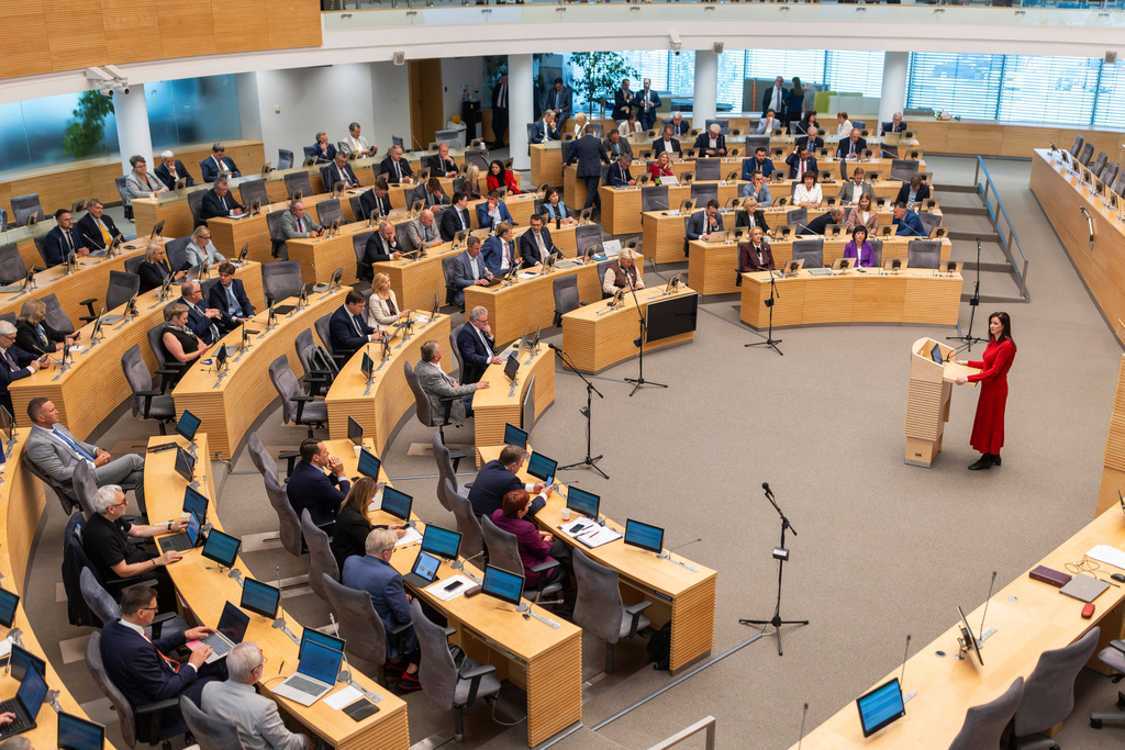 Lithuania's Social Democratic party member Inga Ruginiene, nominated as the next Prime Minister, speaks during a Lithuania's parliament session in Vilnius, Lithuania, Tuesday, Aug. 26, 2025. (AP Photo/Mindaugas Kulbis)