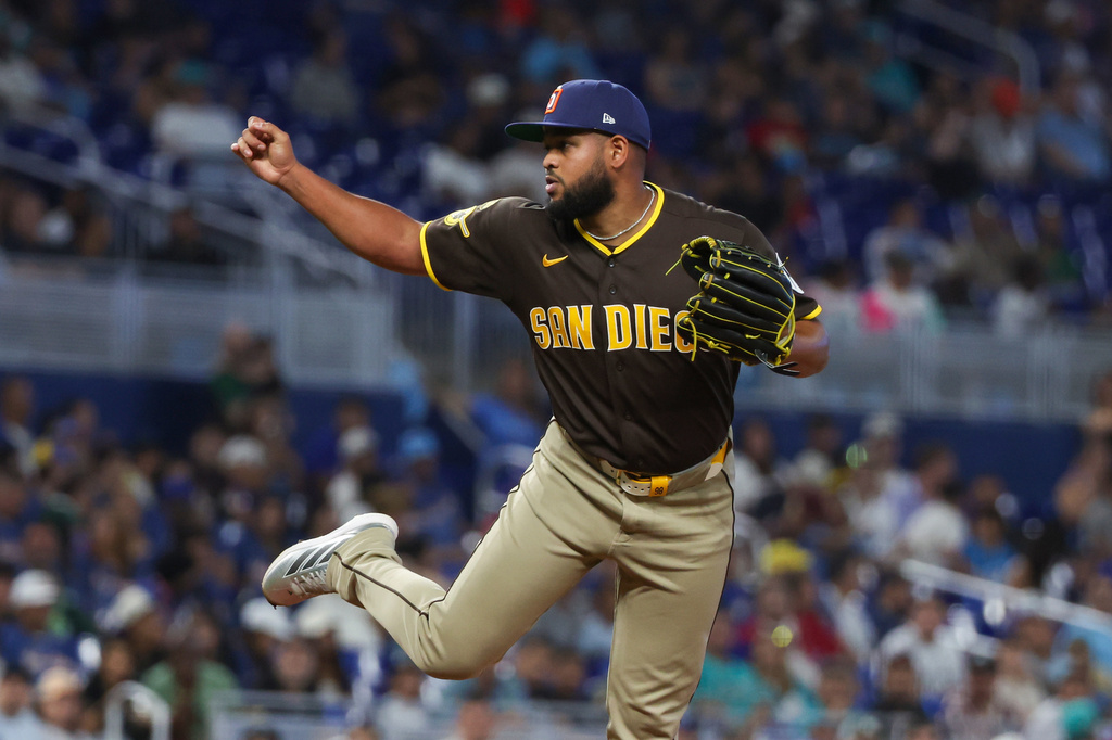 San Diego Padres starting pitcher Randy Vásquez delivers during the second inning of a baseball game against the Miami Marlins, Saturday, July 25, 2026, in Miami. (AP Photo/David Santiago)