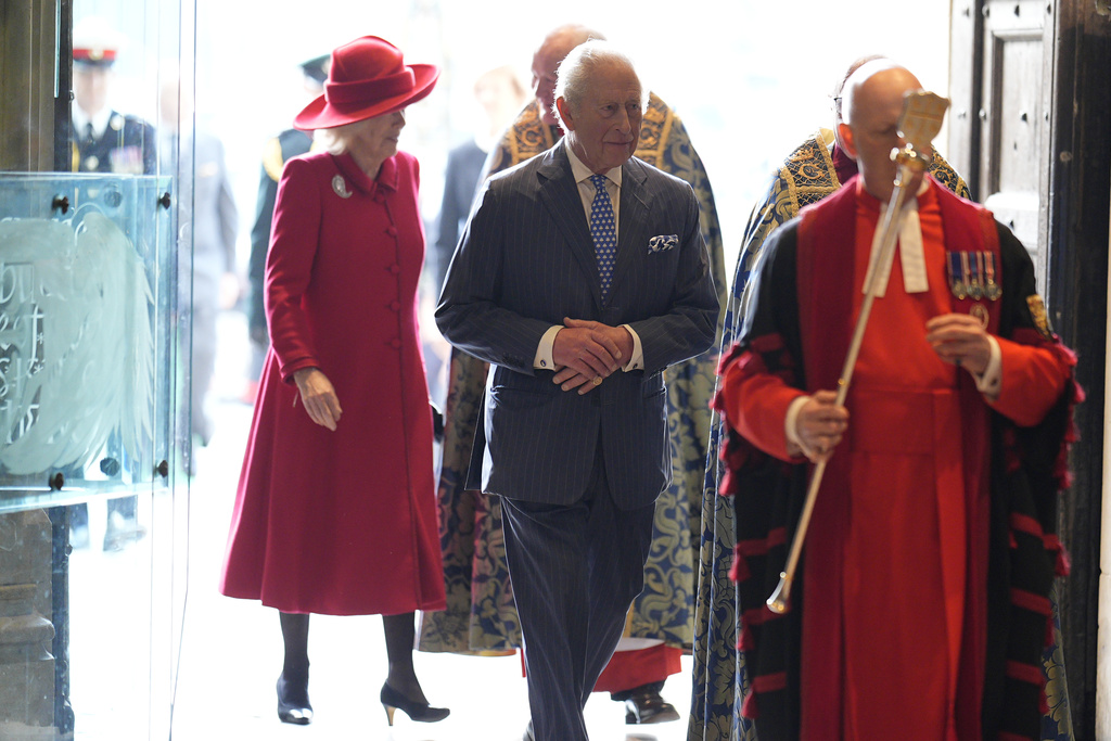 Britain's King Charles III and Queen Camilla arrive to attend the annual Commonwealth Day Service of Celebration at Westminster Abbey in London, Monday, March 9, 2026. (Aaron Chown/Pool Photo via AP)