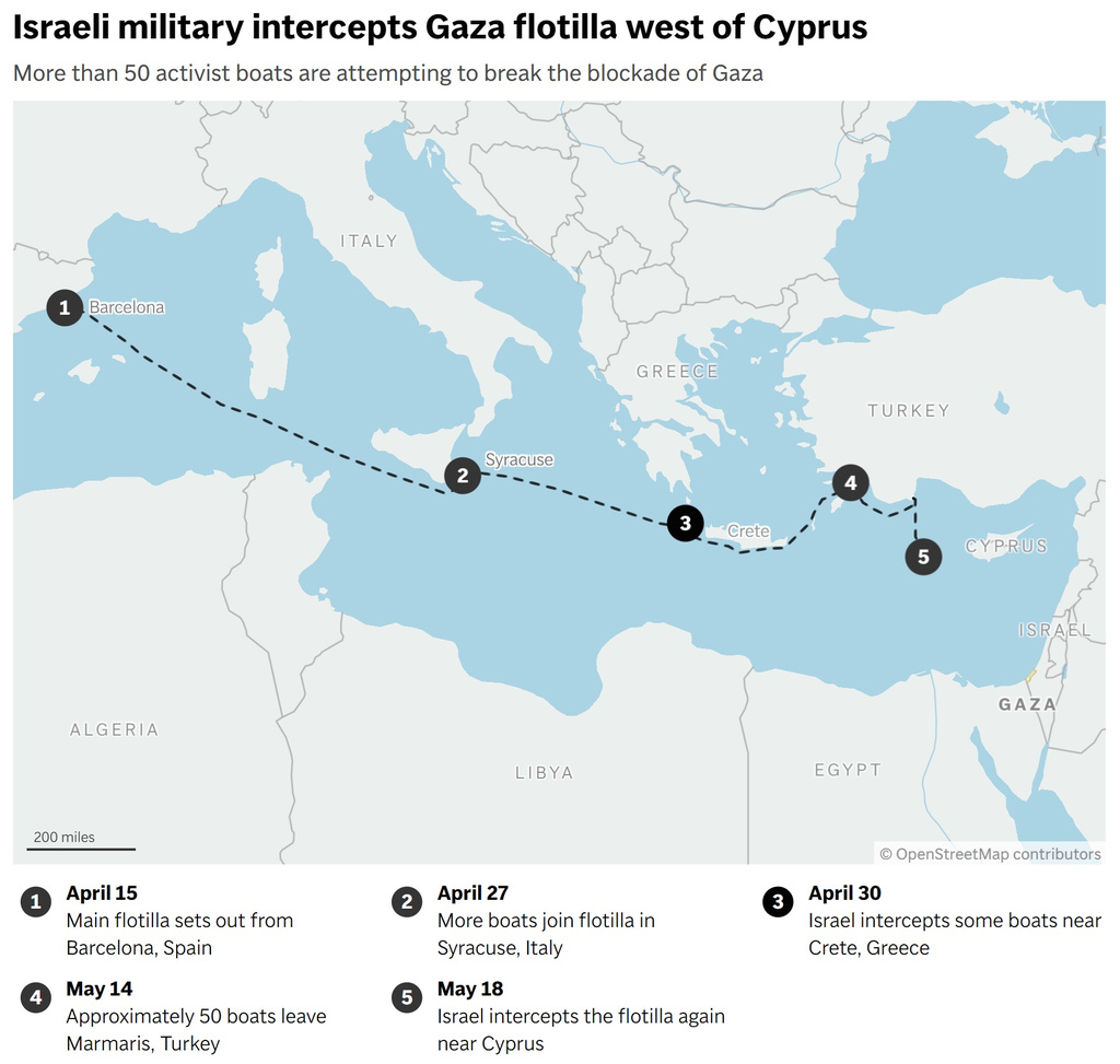 Map showing the route of the Gaza activist flotilla. (AP Digital Embed)