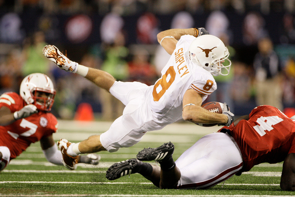 FILE -Texas wide receiver Jordan Shipley (8) during an NCAA college football Big 12 Conference championship game against Nebraska, Dec. 5, 2009, in Arlington, Texas. (AP Photo/Tony Gutierrez, File)