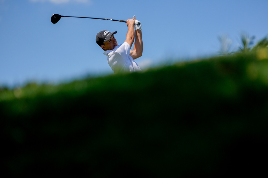 Jordan Spieth hits from the eighth tee during the third round of the Cadillac Championship PGA golf tournament Saturday, May 2, 2026, in Doral, Fla. (AP Photo/David J. Phillip)