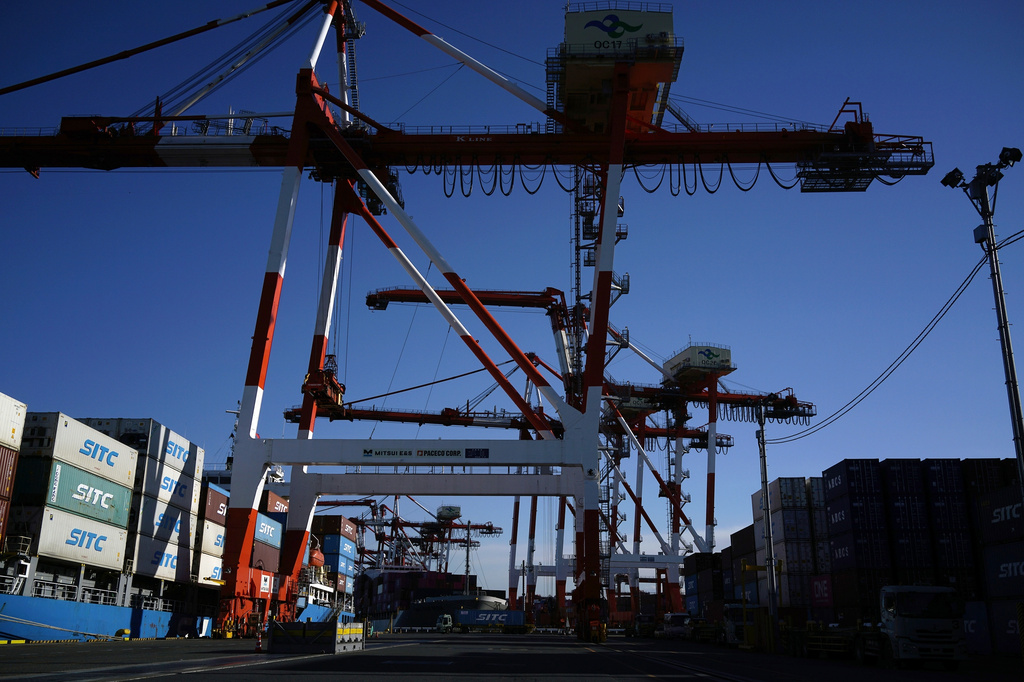 Tokyo container terminal is pictured in Tokyo on Feb. 19, 2025. (AP Photo/Eugene Hoshiko)