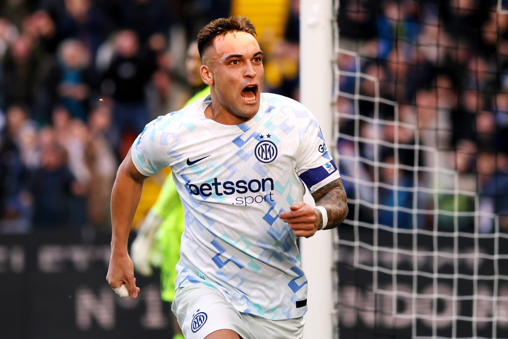 Inter Milan's Lautaro Martinez celebrates after scoring his side's opening goal, during the Serie A soccer match between Udinese and Inter, in Udine, Italy, Saturday, Jan. 17, 2026. (Andrea Bressanutti/LaPresse via AP)