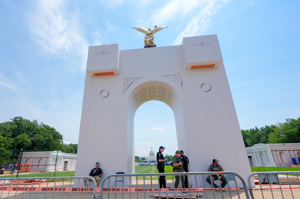 An arch is pictured as preparations continue for the Great American State Fair on the National Mall, Monday, June 22, 2026, in Washington. (AP Photo/Mariam Zuhaib)