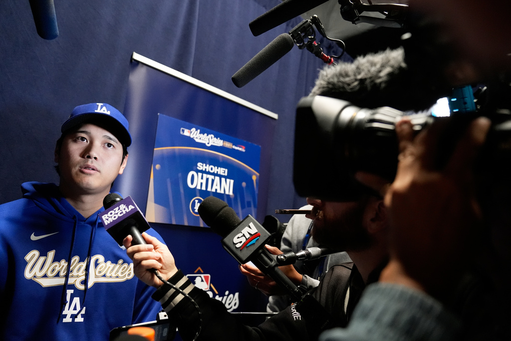 Los Angeles Dodgers' Shohei Ohtani speaks during a World Series baseball media day, Thursday, Oct. 23, 2025, in Toronto. The Toronto Blue Jays face the Los Angeles Dodgers in Game 1 on Friday. (AP Photo/Brynn Anderson)