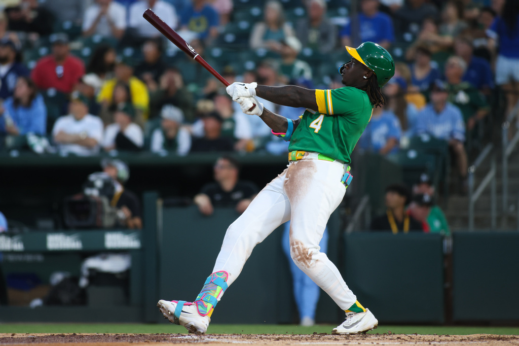 Athletics' Lawrence Butler watches his three run home during the fourth inning of a baseball game against the Kansas City Royals, Wednesday, April 29, 2026, in West Sacramento, Calif. (AP Photo/Scott Marshall)