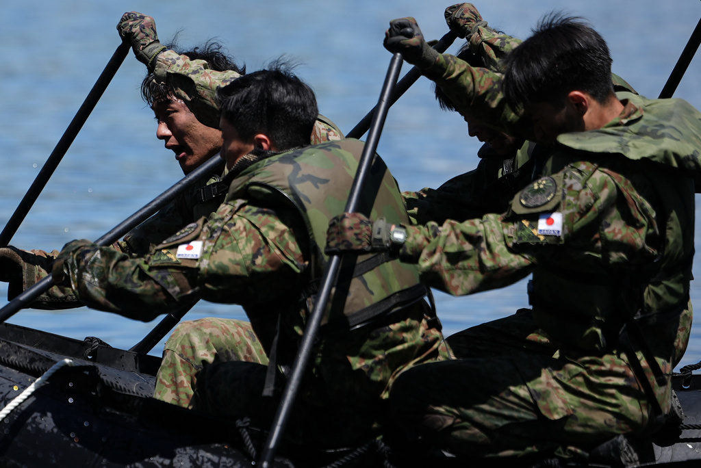 Japanese army cadets row a zodiac boat during the Sandhurst Military Skills Competition at the United States Military Academy in West Point, N.Y., Friday, May 1, 2026. (AP Photo/Julia Demaree Nikhinson)