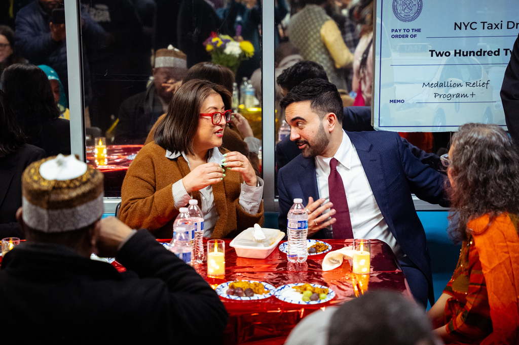 FILE - New York City Mayor Zohran Mamdani speaks with Midori Valdivia, Chair of Taxi and Limousine Commission, at a Ramadan Iftar hosted by his team at the New York Taxi Workers Association, March 18, 2026, in New York. (AP Photo/Angelina Katsanis, File)
