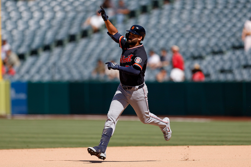 Detroit Tigers' Riley Greene rounds the bases after hitting a solo home run during the ninth inning of a baseball game against the Los Angeles Angels, Sunday, July 19, 2026, in Anaheim, Calif. (AP Photo/Caroline Brehman)