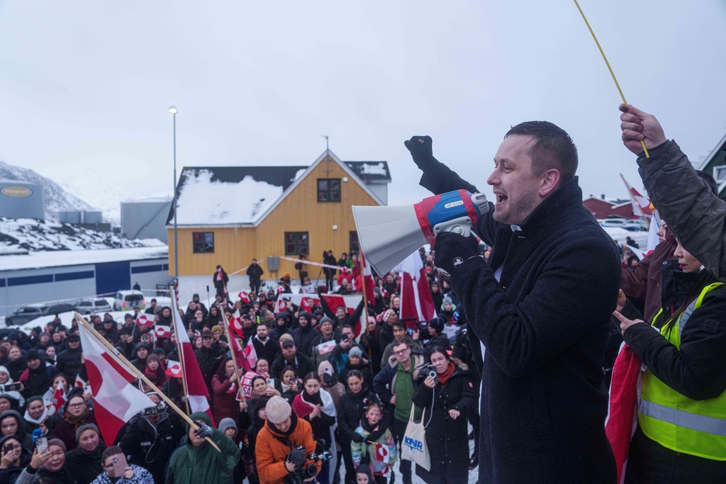 FILE - Greenlandic Prime Minister Jens-Frederik Nielsen speaks during a protest against Trump's policy towards Greenland in front of the US consulate in Nuuk, Greenland, Saturday, Jan. 17, 2026. (AP Photo/Evgeniy Maloletka, File)