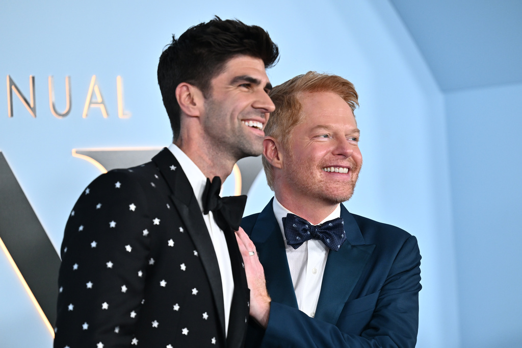 Justin Mikita, left, and Jesse Tyler Ferguson arrive at the 79th Tony Awards on Sunday, June 7, 2026, at Radio City Music Hall in New York. (Photo by Evan Agostini/Invision/AP)