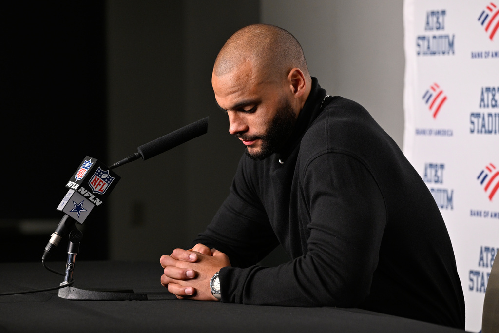 Dallas Cowboys quarterback Dak Prescott speaks during a news conference after an NFL football game against the Minnesota Vikings Sunday, Dec. 14, 2025, in Arlington, Texas. (AP Photo/Jerome Miron)