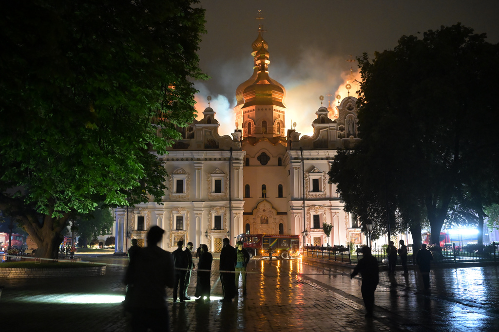 The roof of the Dormition Cathedral of the Kyiv-Pechersk Lavra burns, Monday, June 15, 2026. (AP Photo/Danylo Antoniuk)