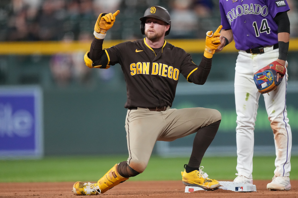San Diego Padres' Jake Cronenworth gestures after reaching second base on a double off Colorado Rockies relief pitcher Chase Dollander in the sixth inning of a baseball game Tuesday, April 21, 2026, in Denver. (AP Photo/David Zalubowski)