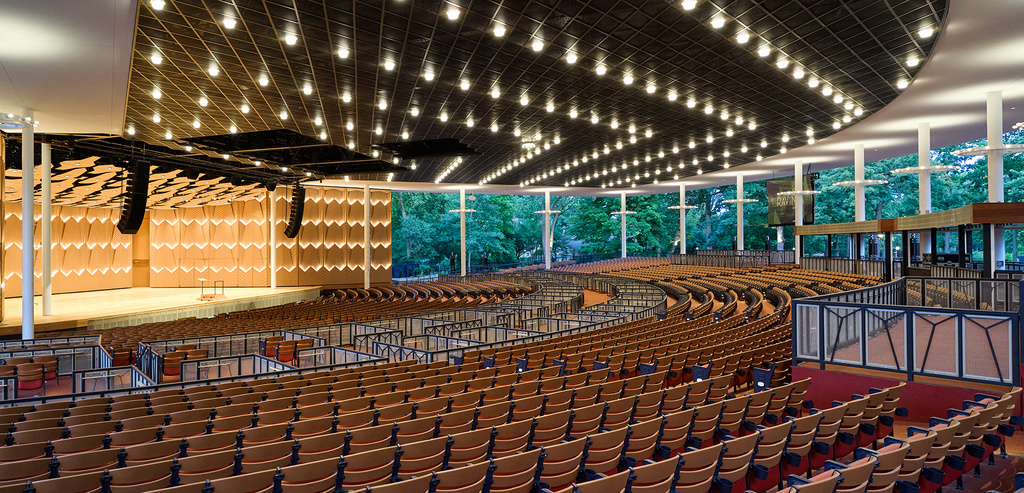 This image released by Ravinia shows the interior of the renovated Hunter Pavilion in Highland Park, Ill., on July 1, 2026. (Dave Burk/Ravinia via AP)
