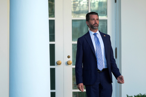 Donald Trump Jr. stands near the Oval Office after a ceremony to present the Presidential Medal of Freedom for Charlie Kirk to his widow Erika Kirk in the Rose Garden of the White House, Tuesday, Oct. 14, 2025, in Washington. (AP Photo/Mark Schiefelbein) Donald Trump Jr. stands near the Oval Office after a ceremony to present the Presidential Medal of Freedom for Charlie Kirk to his widow Erika Kirk in the Rose Garden of the White House, Tuesday, Oct. 14, 2025, in Washington. (AP Photo/Mark Schiefelbein)