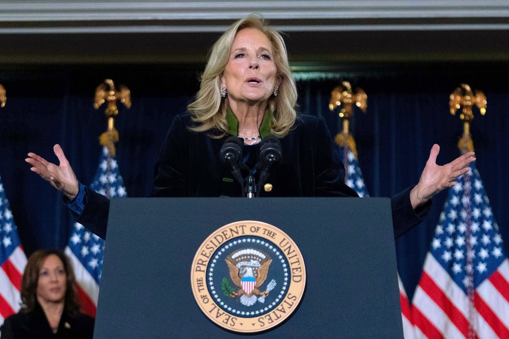 First lady Jill Biden speaks at the Democratic National Committee's Holiday Reception at Willard Hotel in Washington, Dec. 15, 2024. (AP Photo/Jose Luis Magana, File)