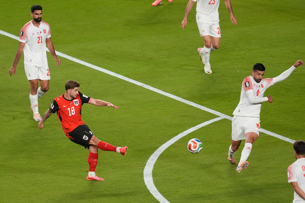 Austria's Romano Schmid scores his side's opening goal against Jordan during the World Cup Group J soccer match in Santa Clara, Calif., near San Francisco, Tuesday, June 16, 2026. (AP Photo/Jeff Chiu)
