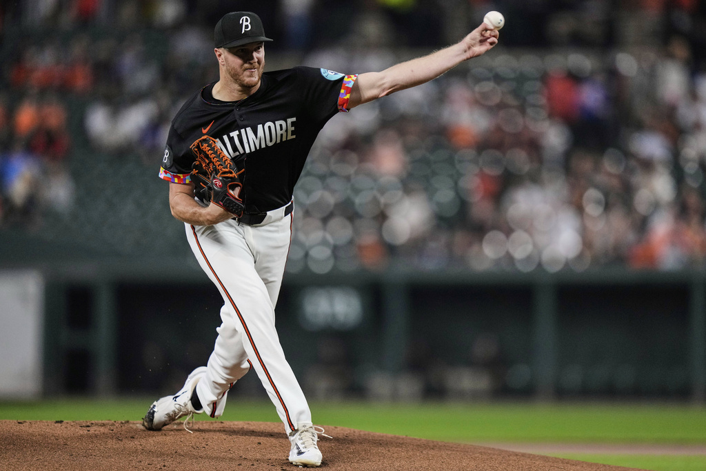 Baltimore Orioles starting pitcher Trevor Rogers delivers during the first inning of a baseball game against the New York Yankees, Friday, Sept. 19, 2025, in Baltimore. (AP Photo/Stephanie Scarbrough)