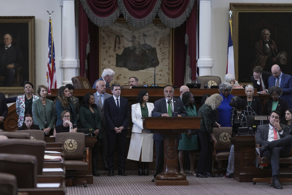 Texas state Rep. Suleman Lalani, D-Sugarland, speaks against a redrawn U.S. congressional map during a special session, Wednesday, Aug. 20, 2025, in Austin, Texas. (AP Photo/Eric Gay)