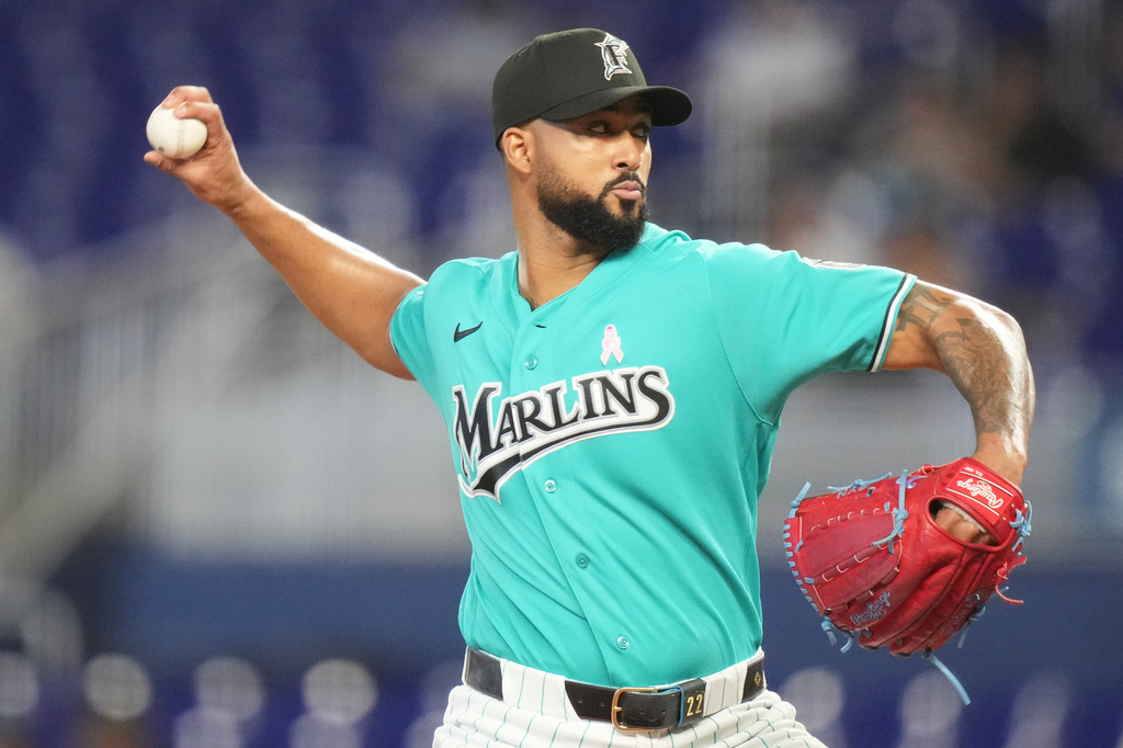 Miami Marlins starting pitcher Sandy Alcantara throws during the first inning of a baseball game against the Washington Nationals, Sunday, May 10, 2026, in Miami. (AP Photo/Lynne Sladky)