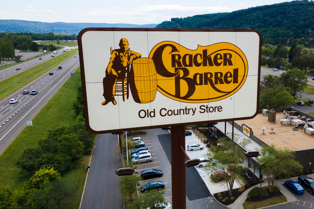FILE - This aerial photo taken with a drone shows a Cracker Barrel restaurant in Binghamton, N.Y., Aug. 23, 2025. (AP Photo/Ted Shaffrey, File)