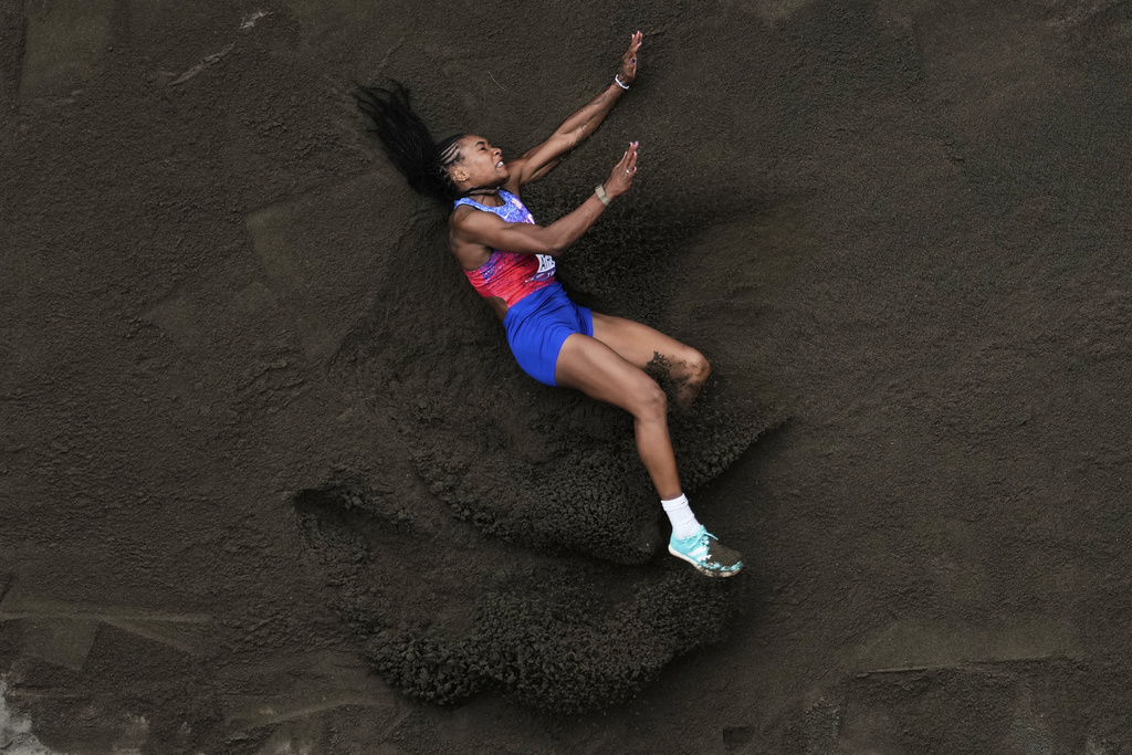 United States' Michelle Atherley competes during the heptathlon long jump at the World Athletics Championships in Tokyo, Saturday, Sept. 20, 2025. (AP Photo/Bernat Armangue)