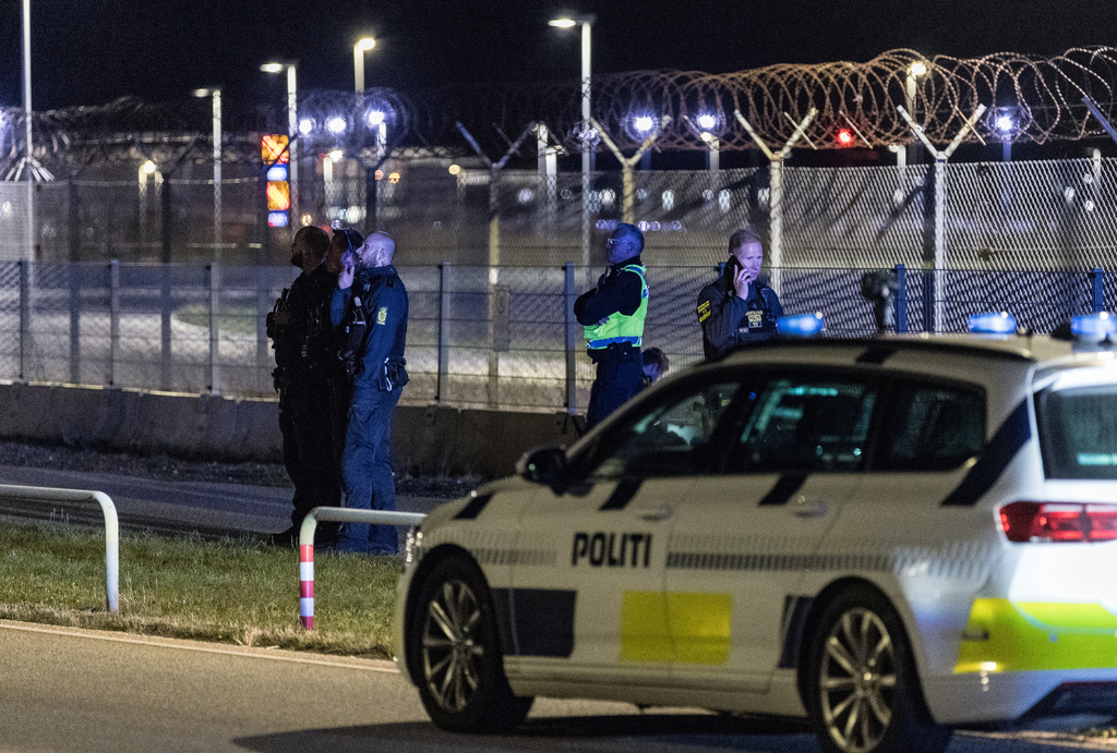 Danish police patrol at Copenhagen Airport, Denmark, Monday Sept. 22, 2025. (Steven Knap/Ritzau Scanpix via AP)